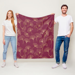 Luksuriösa Guld Ginkgo Blad på Djup Burgunder Fleecefilt