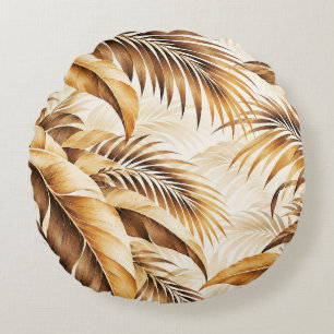 Luksuriöst Sepia Beige Tropiskt Palmbladsmönster Rund Kudde