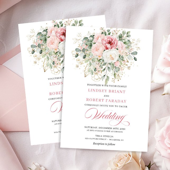 Luksuslig Blush Blommig Guld Bröllopsinbjudan Inbjudningar (Opulent Blush Floral Gold Wedding Invitation)