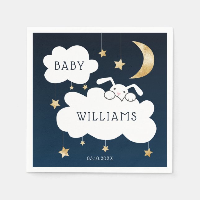 Lullaby Bunny Baby Shower Navy Blue Guld Pappersservett (Framsidan)