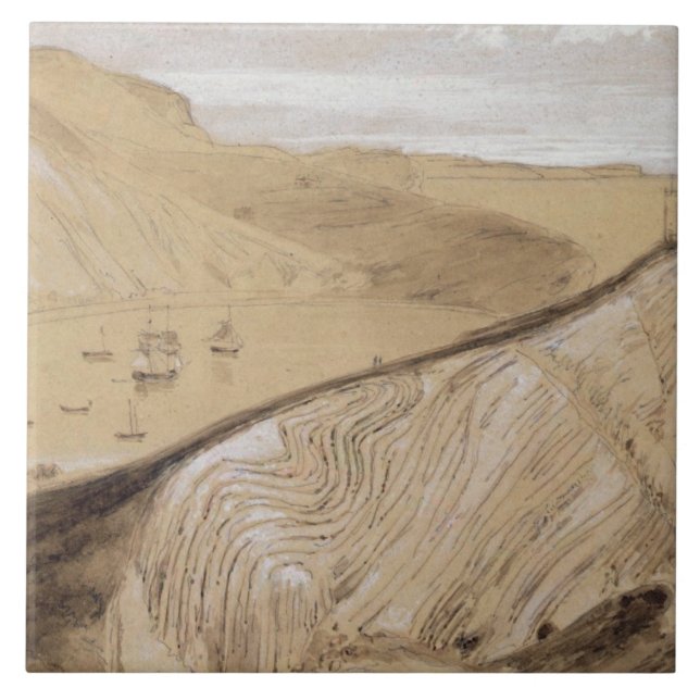 Lulworth Cove (w/c, gouachen och grafiten på beige Kakelplatta (Framsidan)