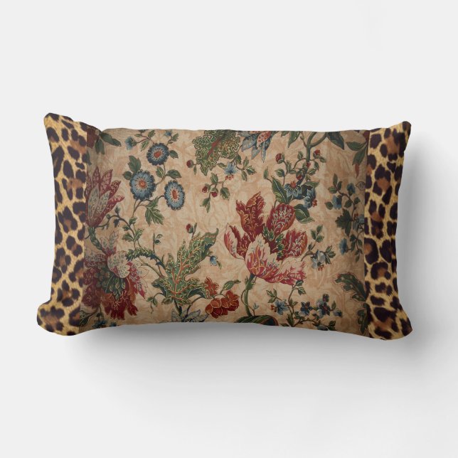 Lumbaren kudder i leopard- och blommigttyg lumbarkudde (Framsida)