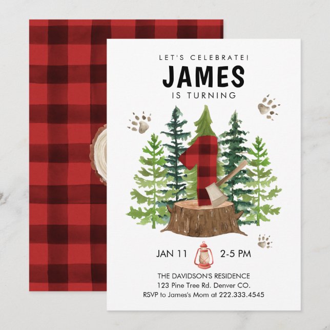 Lumberjack 1:a födelsedag Buffalo-inbjudan Inbjudningar (Fram/baksida)