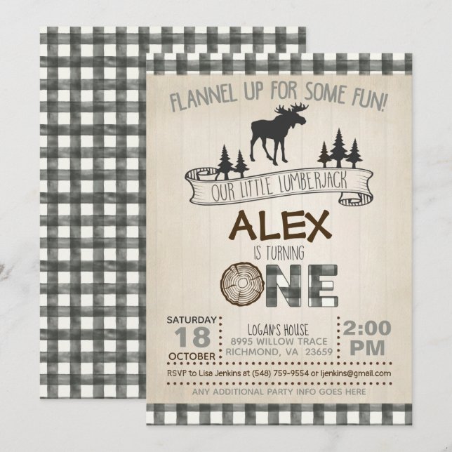 Lumberjack 1:a födelsedagsinbjudan - Moose - White Inbjudningar (Fram/baksida)
