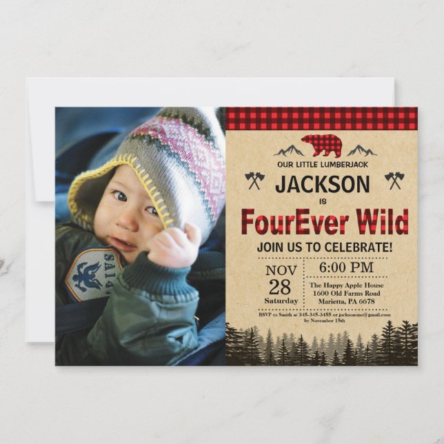 Lumberjack 41 Vilder Birthday Bear Woodland Inbjudningar (Framsida)
