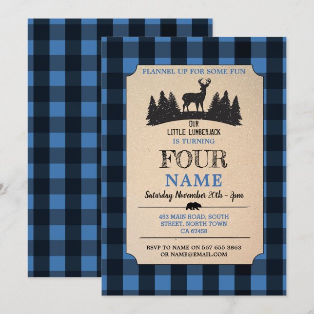 Lumberjack ANY AGE Birdday Blue Flannel Inbjudan (Fram/baksida)