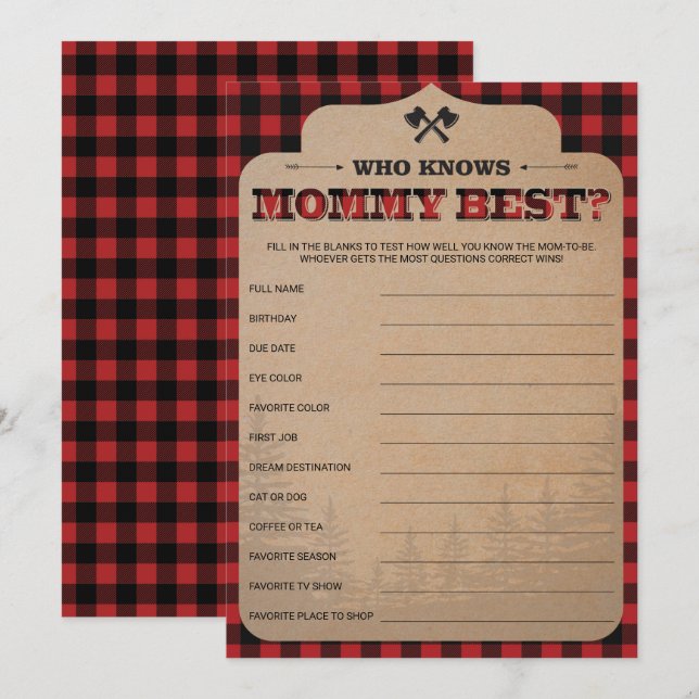 Lumberjack Baby Shower Game som känner Mamma bäst (Fram/baksida)