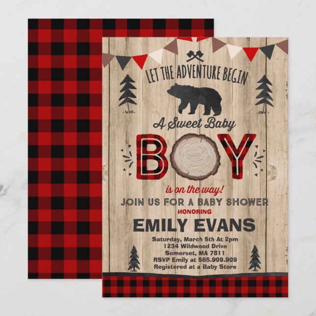 Lumberjack Baby Shower-inbjudan Lumberjack Party Inbjudningar (Fram/baksida)