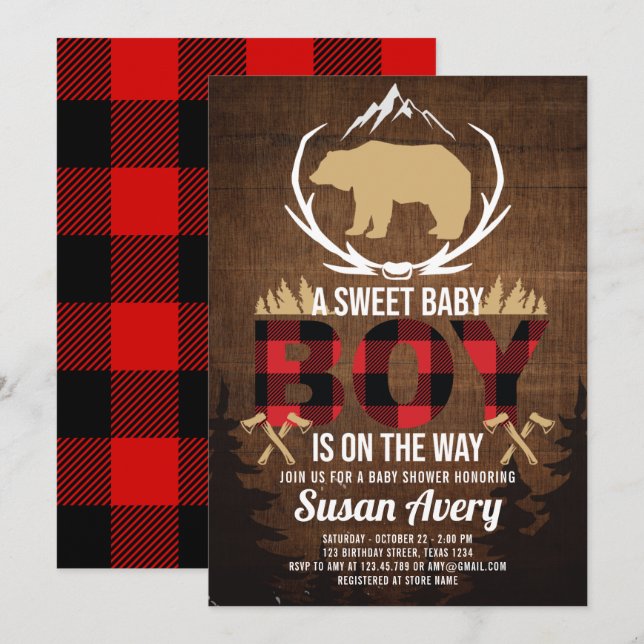 Lumberjack Baby Shower Wood Play Inbjudningar (Fram/baksida)