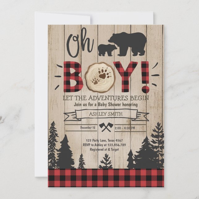 Lumberjack Baby Shower Woodland Bear Unge Play Boy Inbjudningar (Framsida)