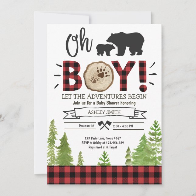 Lumberjack Baby Shower Woodland Bear Unge PWF Inbjudningar (Framsida)