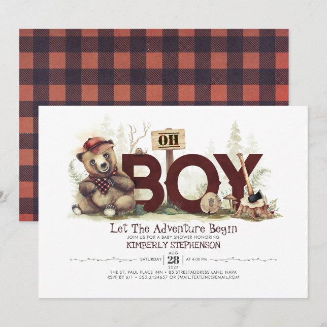 Lumberjack Baby Shower Woodland Little Bear Unge Inbjudningar (Fram/baksida)