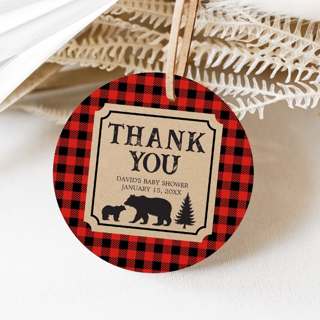 Lumberjack Bear Baby Shower  Gåvor Etiketter (Bear Plaid Baby Shower Favor Tags)