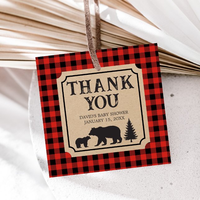 Lumberjack Bear Baby Shower  Gåvor Etiketter (Bear Plaid Baby Shower Favor Tags)