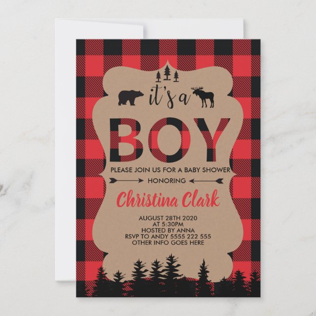 Lumberjack Bear Flansk Boy Shower Inbjudningar (Framsida)