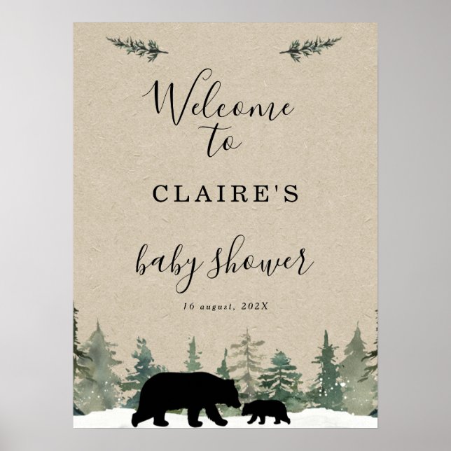 Lumberjack Bear Gräs Träd Baby Shower Välkomstskyl Poster (Framsidan)
