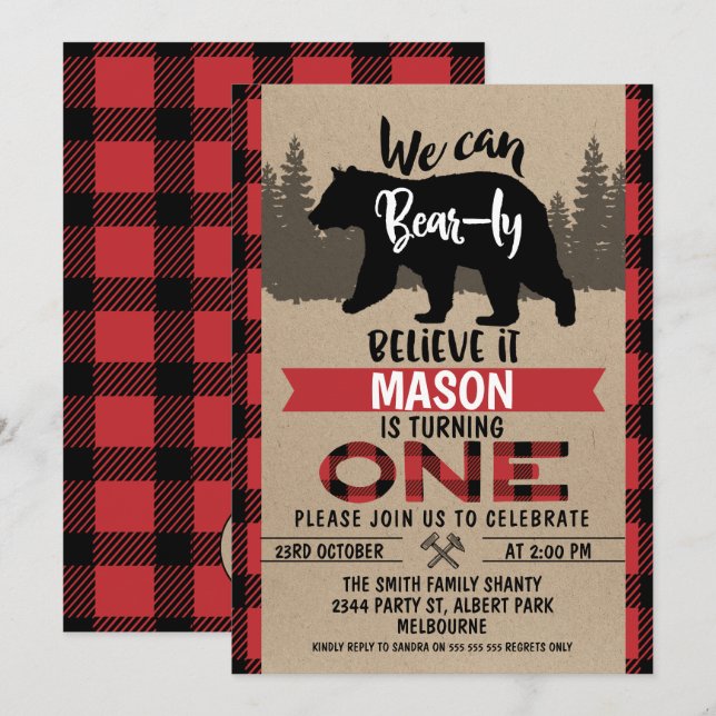 Lumberjack Bear-ly Tro 1:a födelsedagsinbjudan Inbjudningar (Fram/baksida)