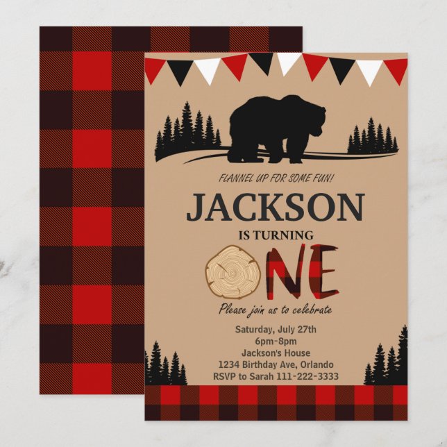 Lumberjack Bear Rustic 1:a födelsedagsinbjudan Inbjudningar (Fram/baksida)