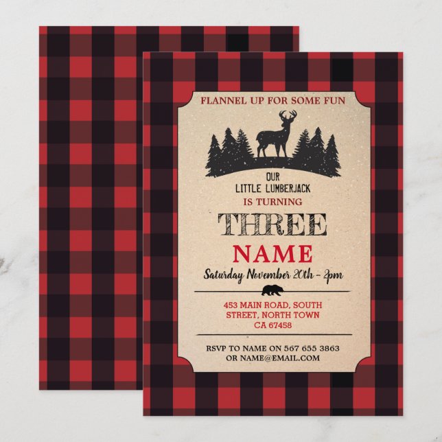 Lumberjack Birthday ANY AGE Red Flskanals Inbjudan (Fram/baksida)