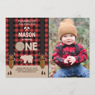 Lumberjack Birthday Invasion Woodland Plaid Red Inbjudningar