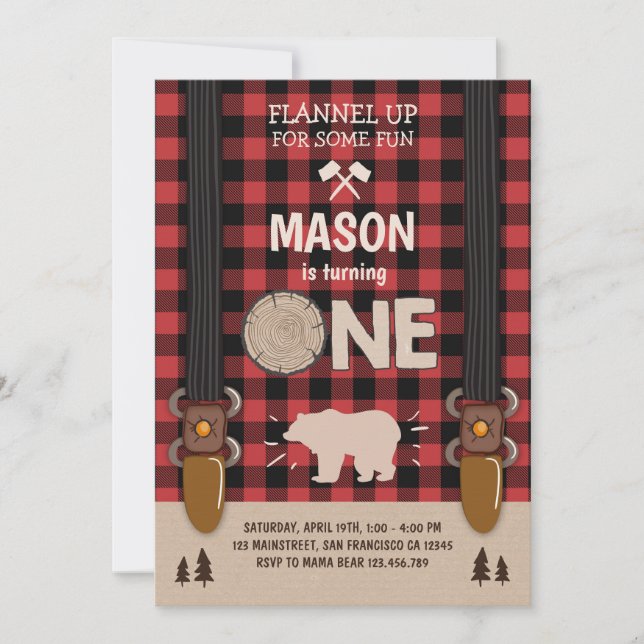 Lumberjack Birthday Invasion Woodland Plaid Red Inbjudningar (Framsida)