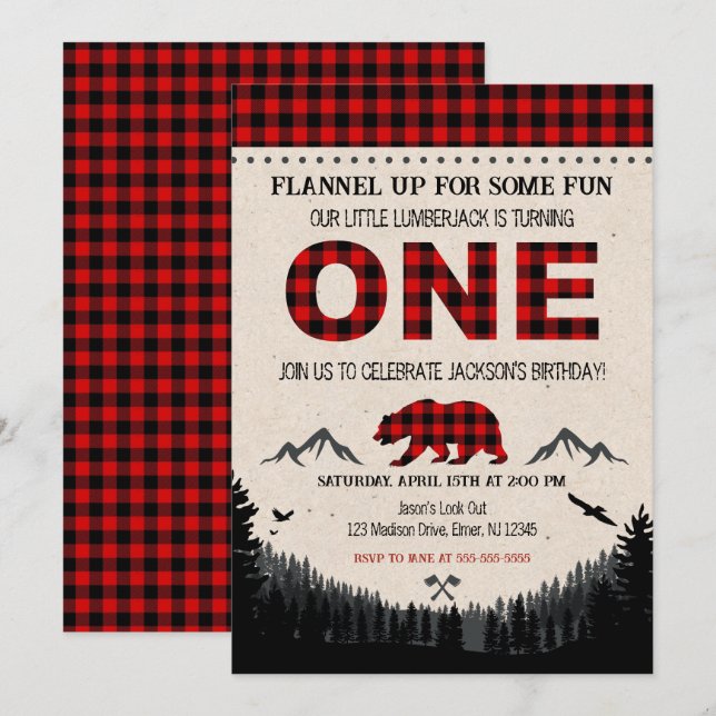 Lumberjack Birthday Invitation Woodland Birthday Inbjudningar (Fram/baksida)