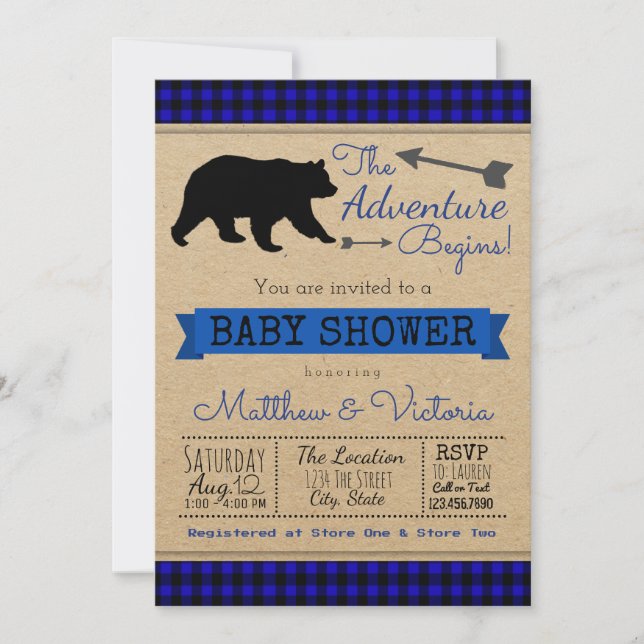 Lumberjack Blue Buffalo Rutig Björn Baby Shower Inbjudningar (Framsida)