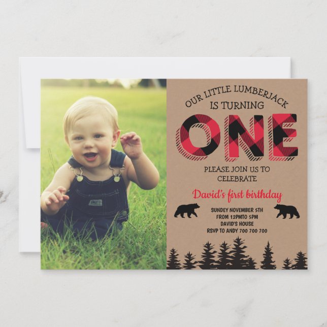 Lumberjack Boy First Birthday Red Flkanaler Photo Inbjudningar (Framsida)
