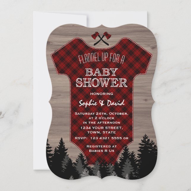Lumberjack Buffalo Baby Kostym Old Barn Baby Showe Inbjudningar (Framsida)