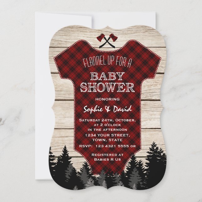 Lumberjack Buffalo Baby Kostym Wood Baby Shower Inbjudningar (Framsida)