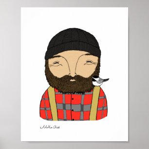 Lumberjack Chickadee Poster Woodland Art Skriv ut