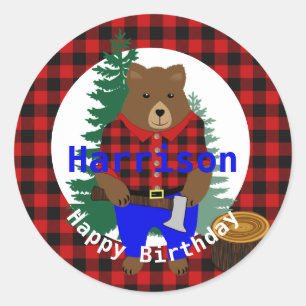 Lumberjack Cute Bear Play Grattis på födelsedagen Runt Klistermärke