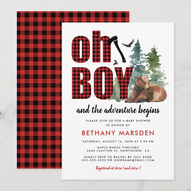 Lumberjack Flanals Bear Boy Shower Inbjudningar (Fram/baksida)