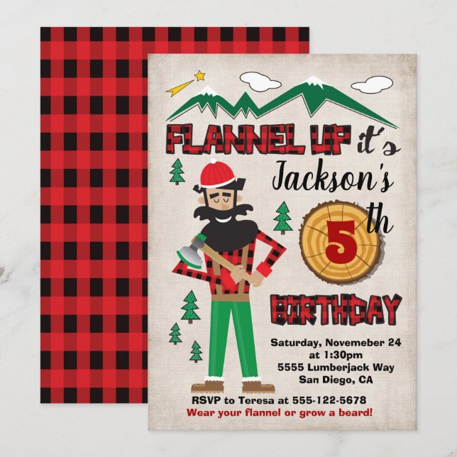 Lumberjack Födelsedagsfest FlanellForest Inbjudningar (Fram/baksida)