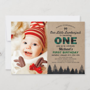 Lumberjack Grönt Pput First Birthday Baby Photo Inbjudningar