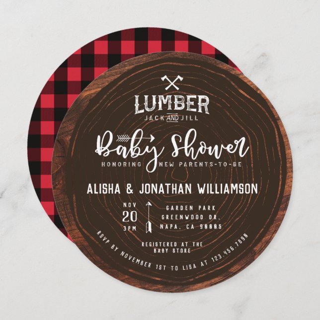 Lumberjack & Jill Baby Shower Wood & Red Play Inbjudningar (Fram/baksida)