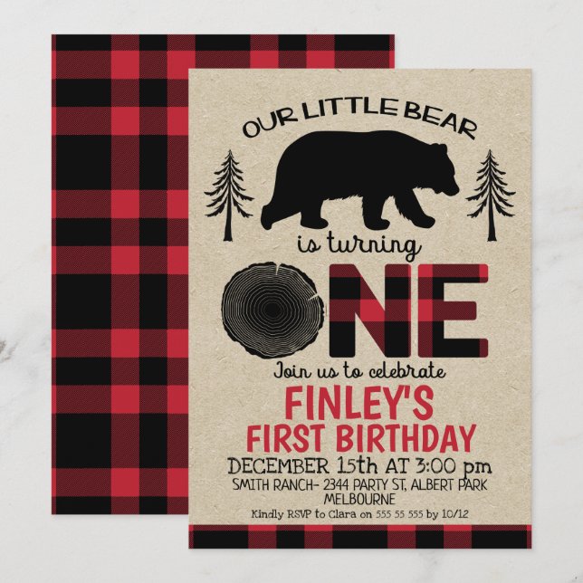 Lumberjack lilla Bear Bear 1:a födelsedagsinbjudan Inbjudningar (Fram/baksida)