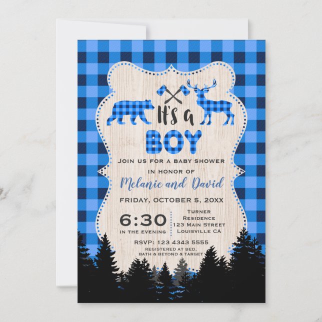 Lumberjack Little Hunter Blue Play Baby Shower Inbjudningar (Framsida)