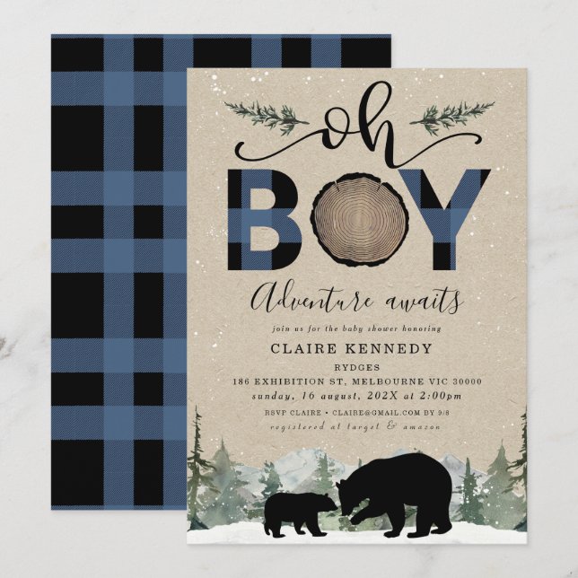 Lumberjack Navy Flkanaler Kraft Oh Boy Baby Shower Inbjudningar (Fram/baksida)