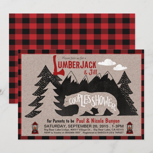 Lumberjack och Jill Par Coed Baby Shower Inbjudningar (Fram/baksida)