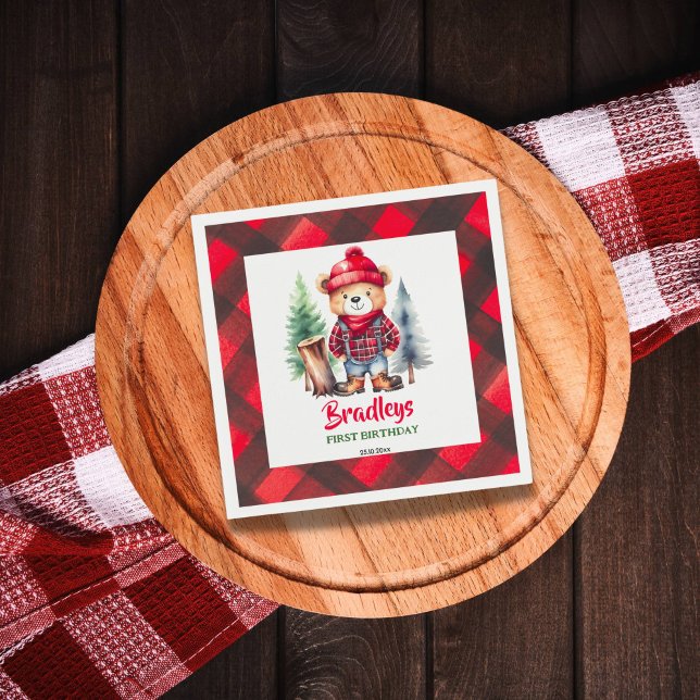 Lumberjack party tableware söt nalle pappersservett (Lumberjack birthday tableware personalized napkins cute teddy bear in lumberjack clothes fir trees)