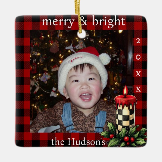 Lumberjack Plaid and Holiday Candle Photo Ornament (Framsida)