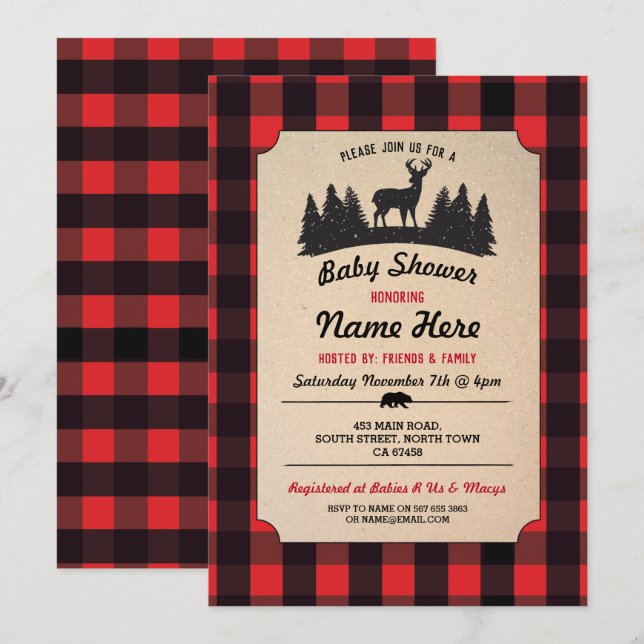 Lumberjack Red Baby Shower Woodland Inbjudan (Fram/baksida)