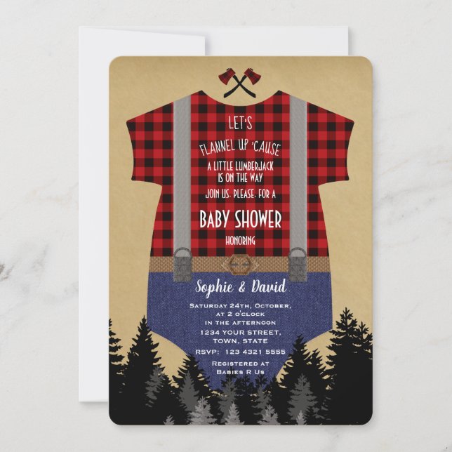 Lumberjack Red Buffalo Baby Kostym Baby Shower Inbjudningar (Framsida)