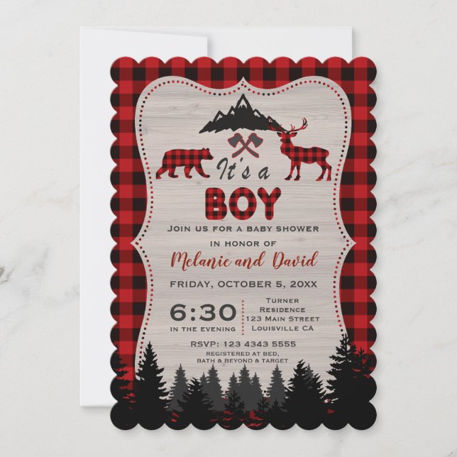 Lumberjack Red Buffalo Old Tvättat Barn Baby Showe Inbjudningar (Framsida)