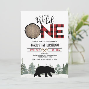 Lumberjack Red Buffalo Play Bear 1:a födelsedagen Inbjudningar