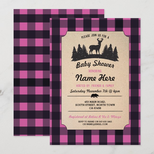 Lumberjack Rosa Babyskor Skogsmark Inbjudan (Fram/baksida)