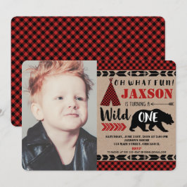 Lumberjack-vild ett foto på 1:a födelsedagspojken inbjudningar