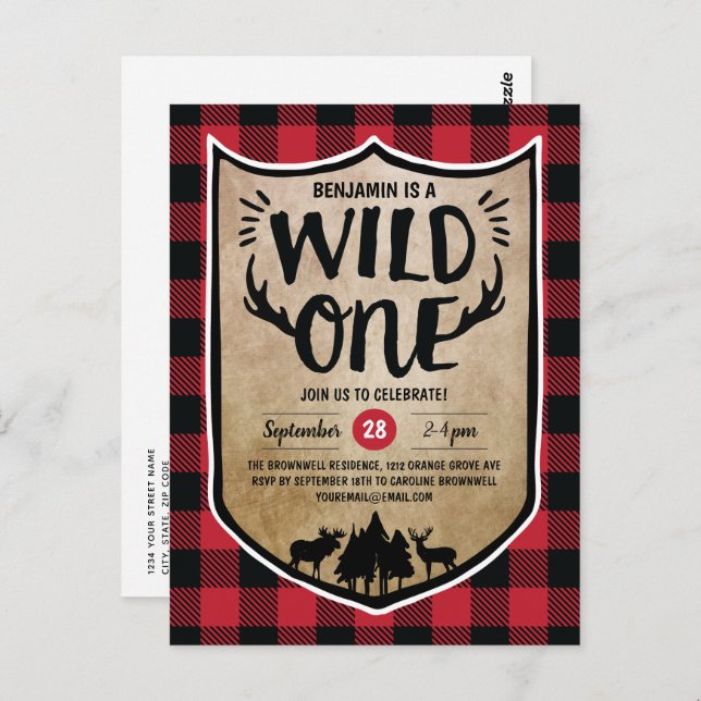 Lumberjack-Vild Ett pojkar 1:a födelsedagen Party Vykort (Fram/baksida)