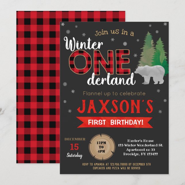 Lumberjack Winter Onederland Birthday-inbjudan Inbjudningar (Fram/baksida)